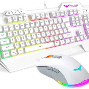 havit Rainbow Backlit 104 Keys Gaming Keyboard with Ergonomic Wrist Rest + USB Wired Mouse Combo (White)