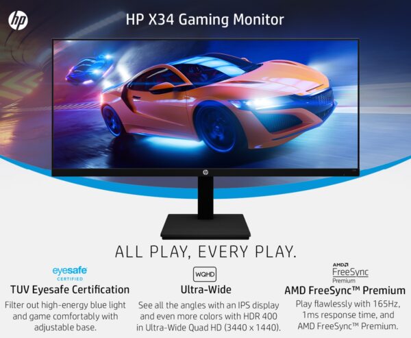 HP X34 34" 165Hz 3440x1440 1ms IPS FreeSync-Premium Gaming Monitor - Image 2